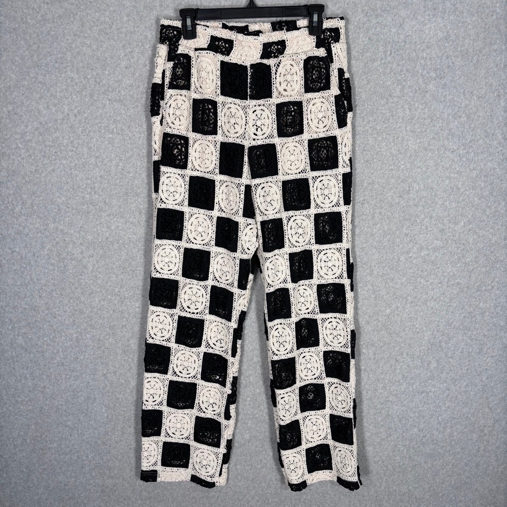 ASOS Crochet Beach Pants Mens Medium Black Cream Checker Granny Square Sheer